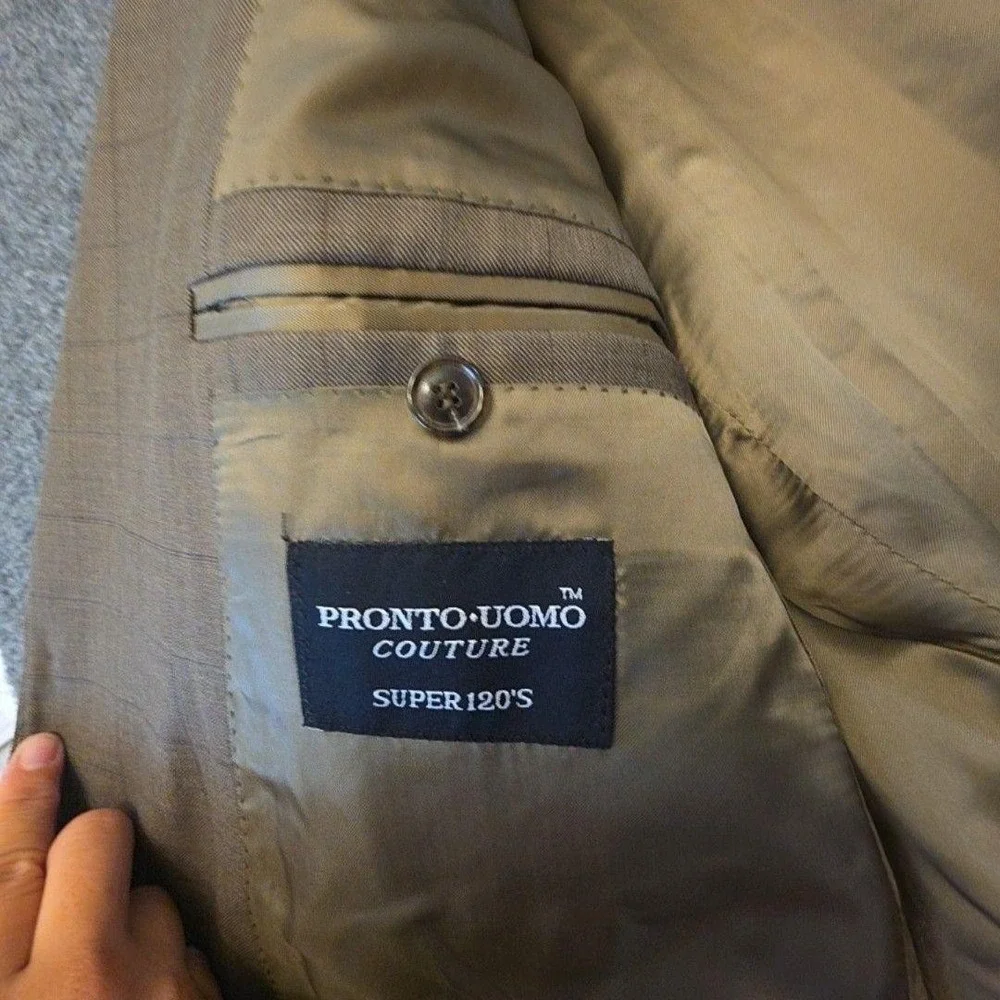 Pronto Uomo Suit Mens 40 34x29 Brown Wool Check 2 Piece Jacket Pants Formal